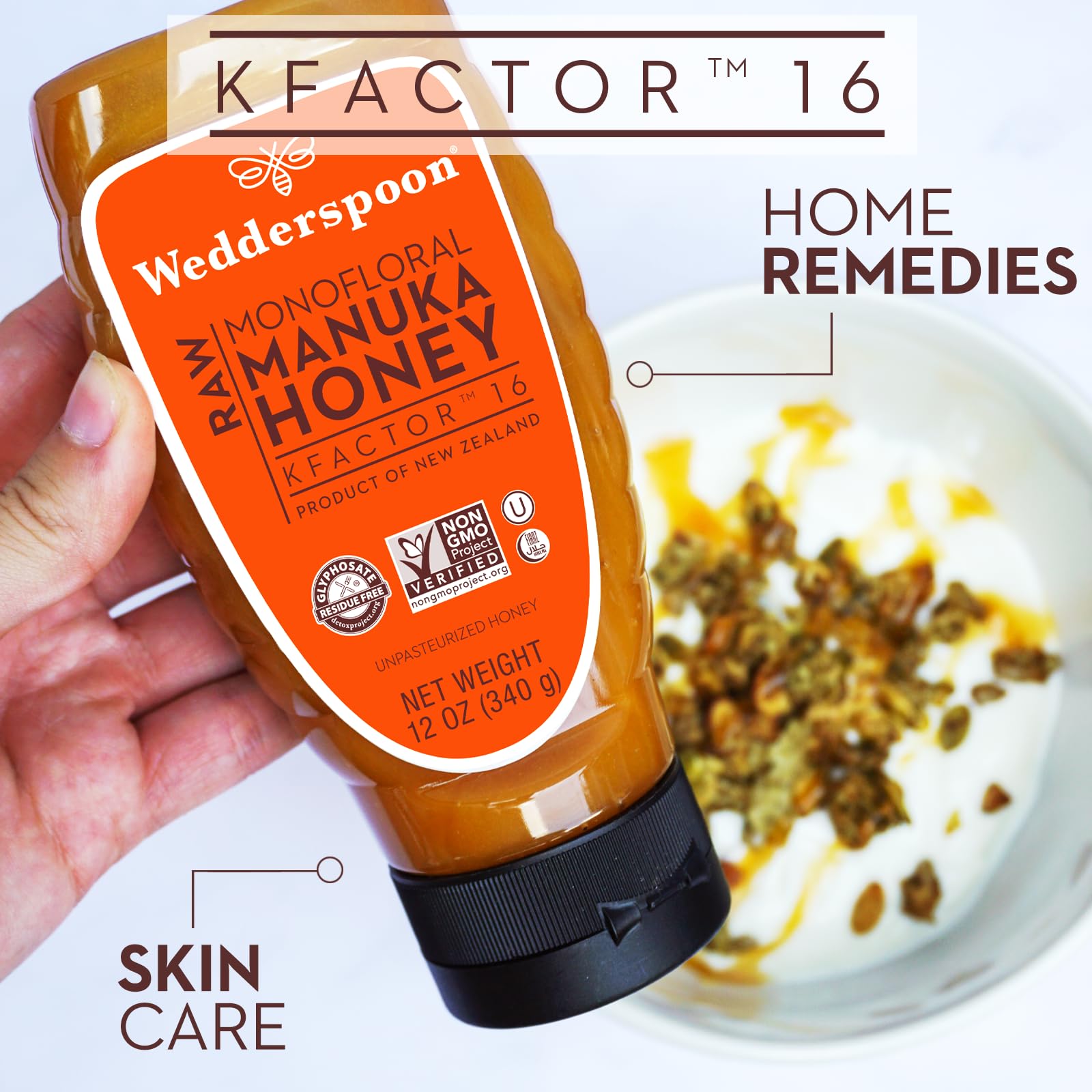 Wedderspoon Raw Manuka Honey, Unpasteurized, Genuine New Zealand Honey, Multi-Functional, Non-GMO Superfood, Convenient Squeeze Bottle, KFactor 16, 12 Ounce - Medaid International