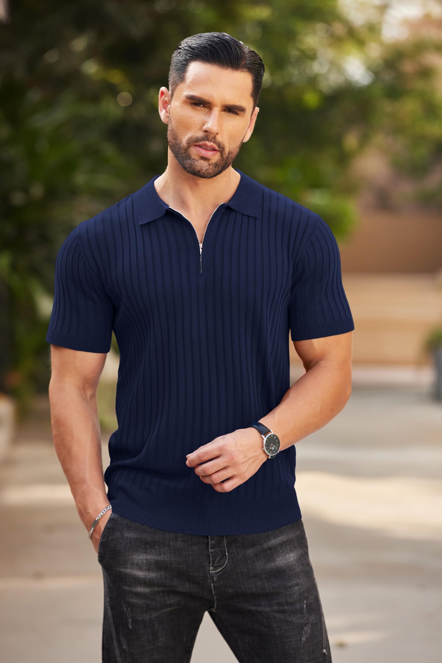 COOFANDY Men's Zipper Polo Shirts Short Sleeve Ribbed Knit Polo T Shirts Fashion Casual Golf Shirts Navy Blue - Medaid International