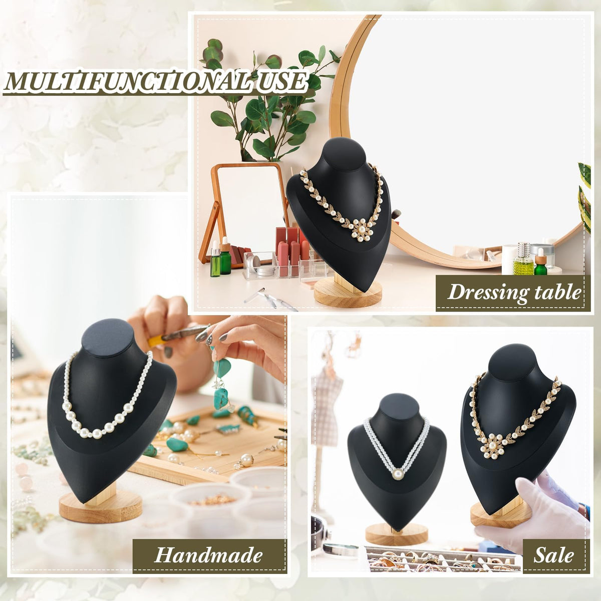 KASTWAVE 2 Pack Black Bamboo Necklace Bust Display Stand (9.2×6.1 Inch), Jewelry Display for Necklaces/Pendants/Earrings | Home Organizer & Retail Vendor Stand for Trade Shows & Boutiques