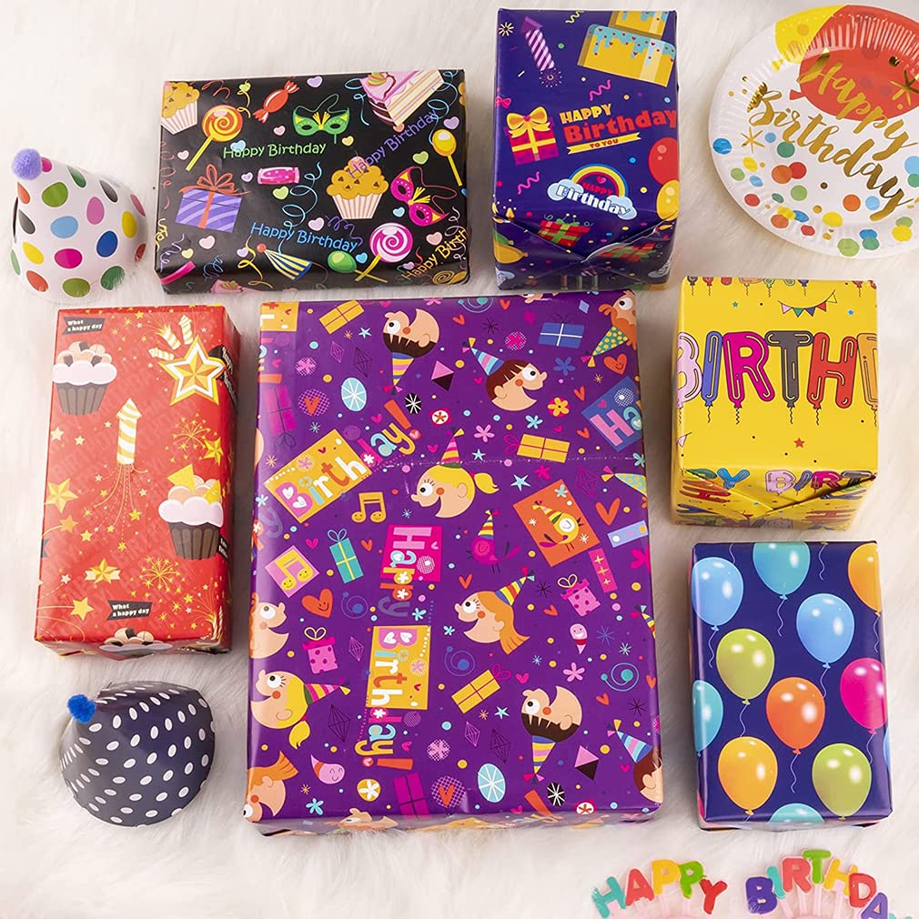 KASTWAVE Gift Wrapping Paper Roll Included 6 Pack for Birthday, Holiday, Wedding, Graduations, Party, Kids Gift Wrapping, 50 X 70 cm Per Sheet