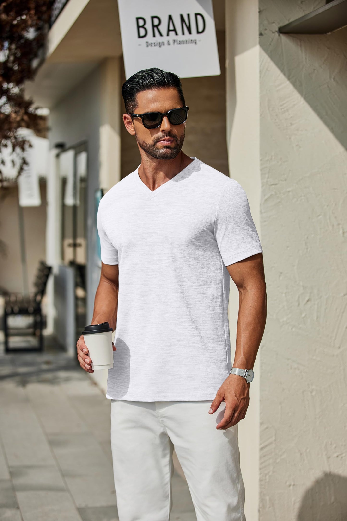 COOFANDY Men's T Shirts Short Sleeve Classic V Neck T-Shirt Casual Summer Basic Tee Shirt White - Medaid International
