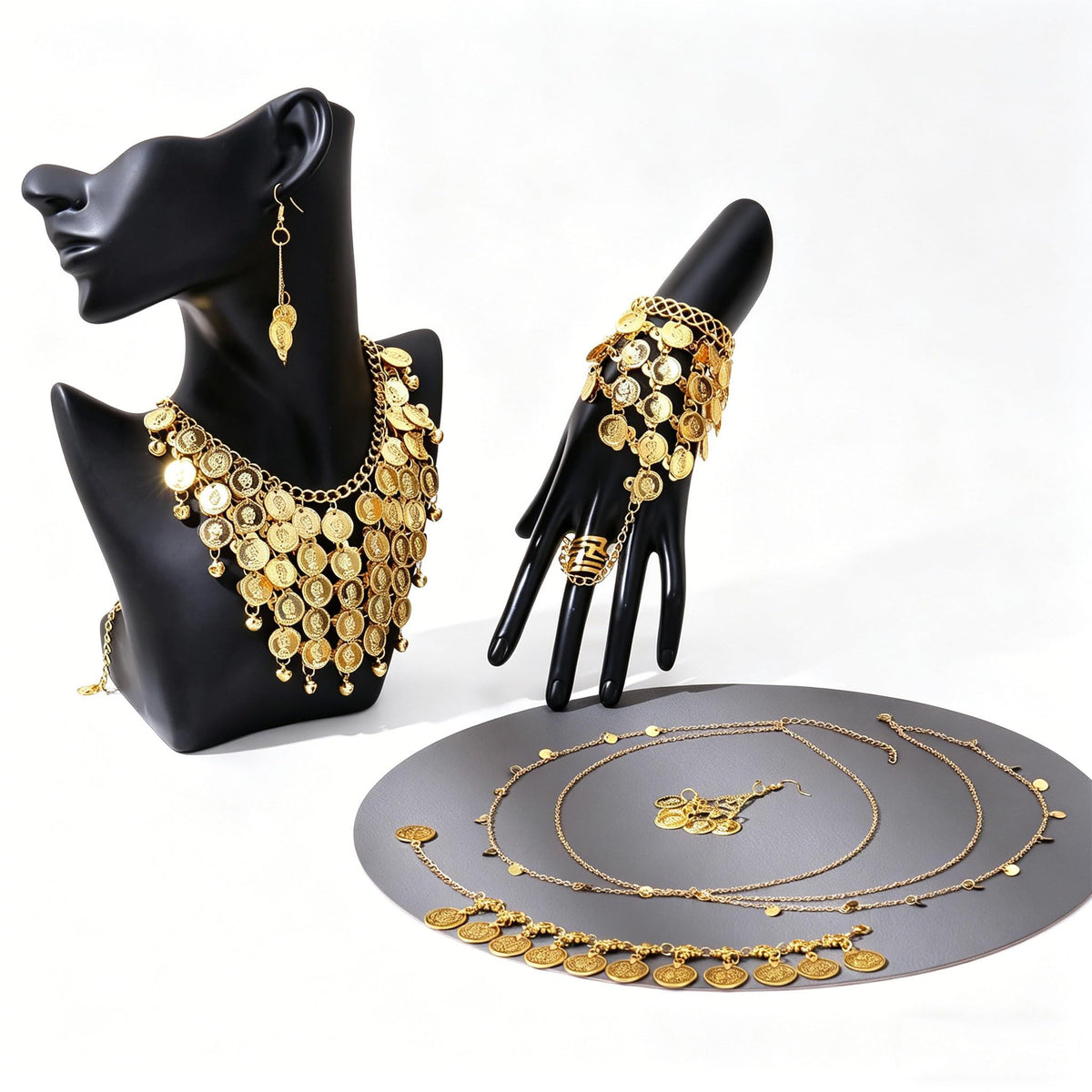 TERRIFI Belly Dance Jewelry Set Women Belly Dance Gold Sequins Head Chain Coins Necklace Earrings Bracelets Bohemian Tassel Anklet Chain for Cosplay Halloween Dance Accessories