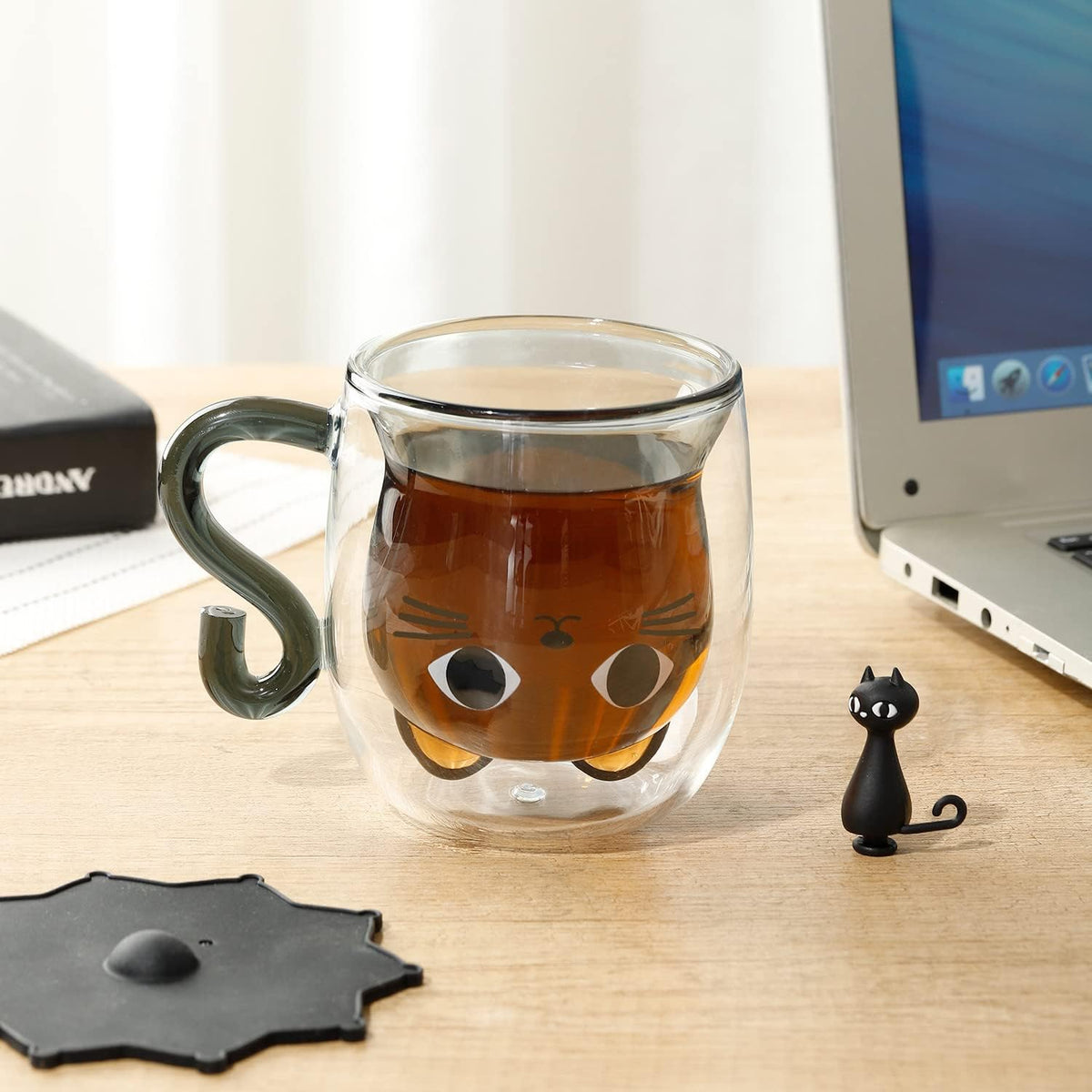 KASTWAVE Black Cat Mug Cute Mug with Handle Double Walled Coffee Mug Kawaii Cat Presents for Women Glass Mugs Tea Cup Cute Birthday Gifts Mug for Cat Lovers Birthday Present Idea