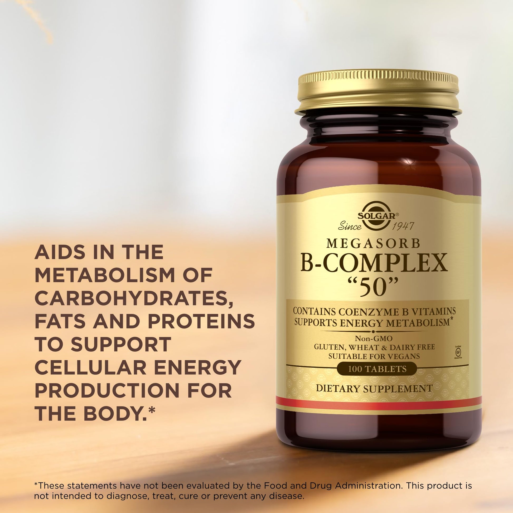 Solgar Megasorb B-Complex "50" - 100 Tablets - Supports Energy Metabolism - Non-GMO, Vegan, Gluten Free, Dairy Free - 100 Servings - Medaid International