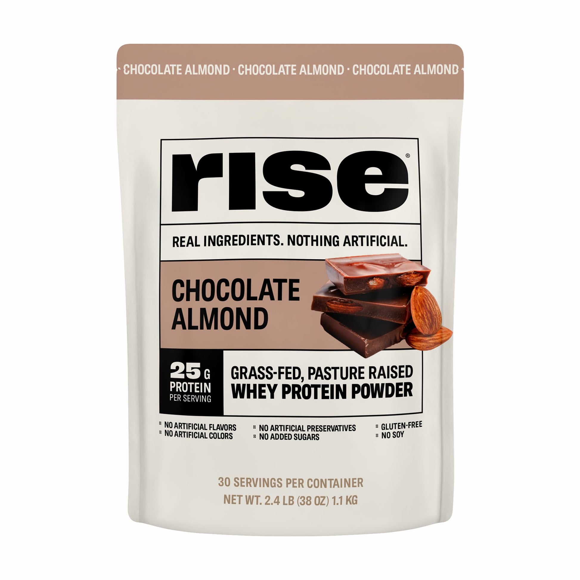 Rise Grass-Fed Whey Protein Powder - Chocolate Almond | 25g Protein No Artificial Flavors, Colors, or Preservatives - Sugar Free, Gluten-Free, Soy Free (2.4 lbs) - Medaid International