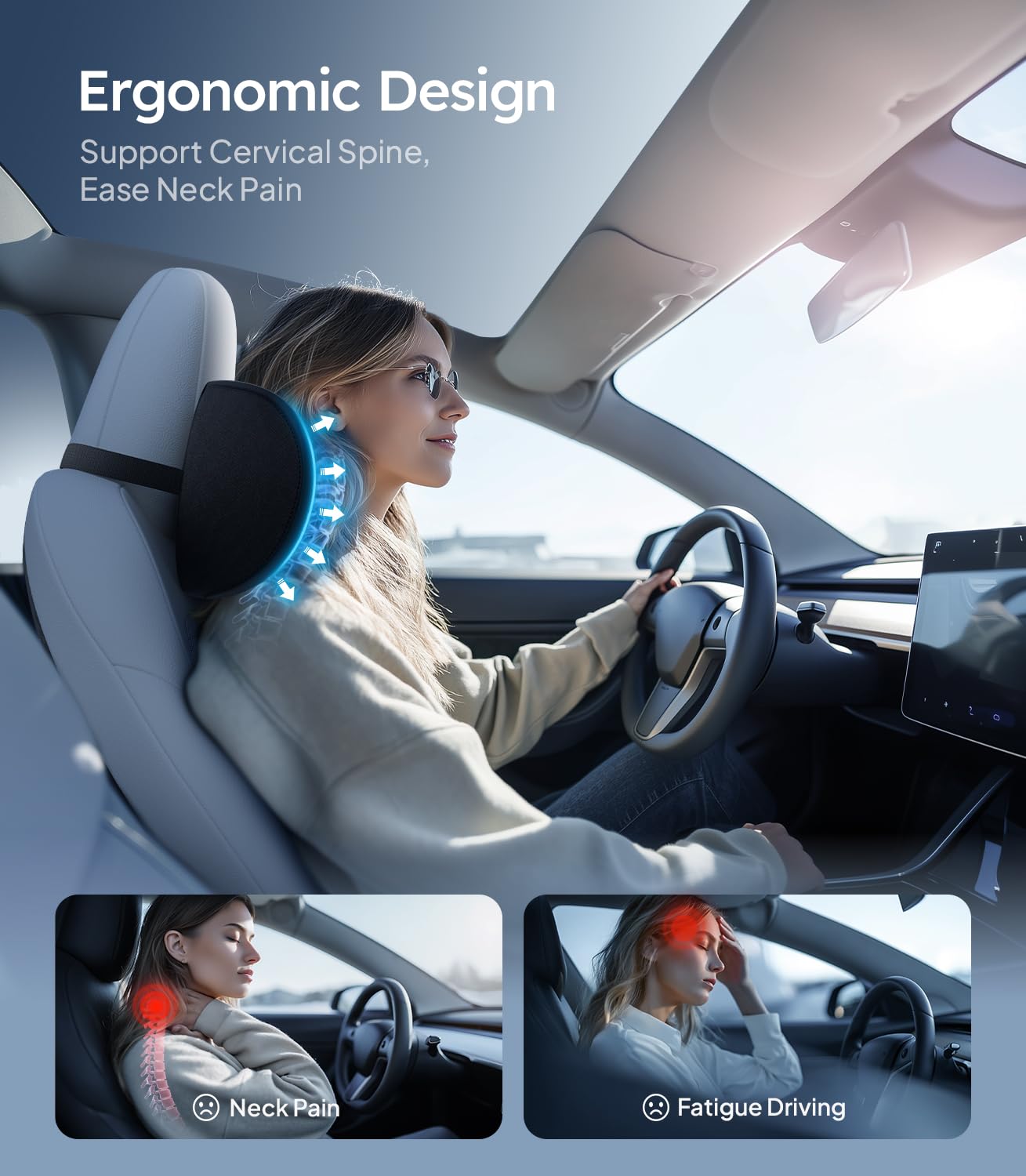 Wigoo 2025 Upgrade Car Neck Pillow [No More Pressure, Odorless] Soft Car Headrest Pillow with Adjustable Strap Removable Cover 100% Memory Foam, Fits All Vehicles (Black 2-Pack) - Medaid International