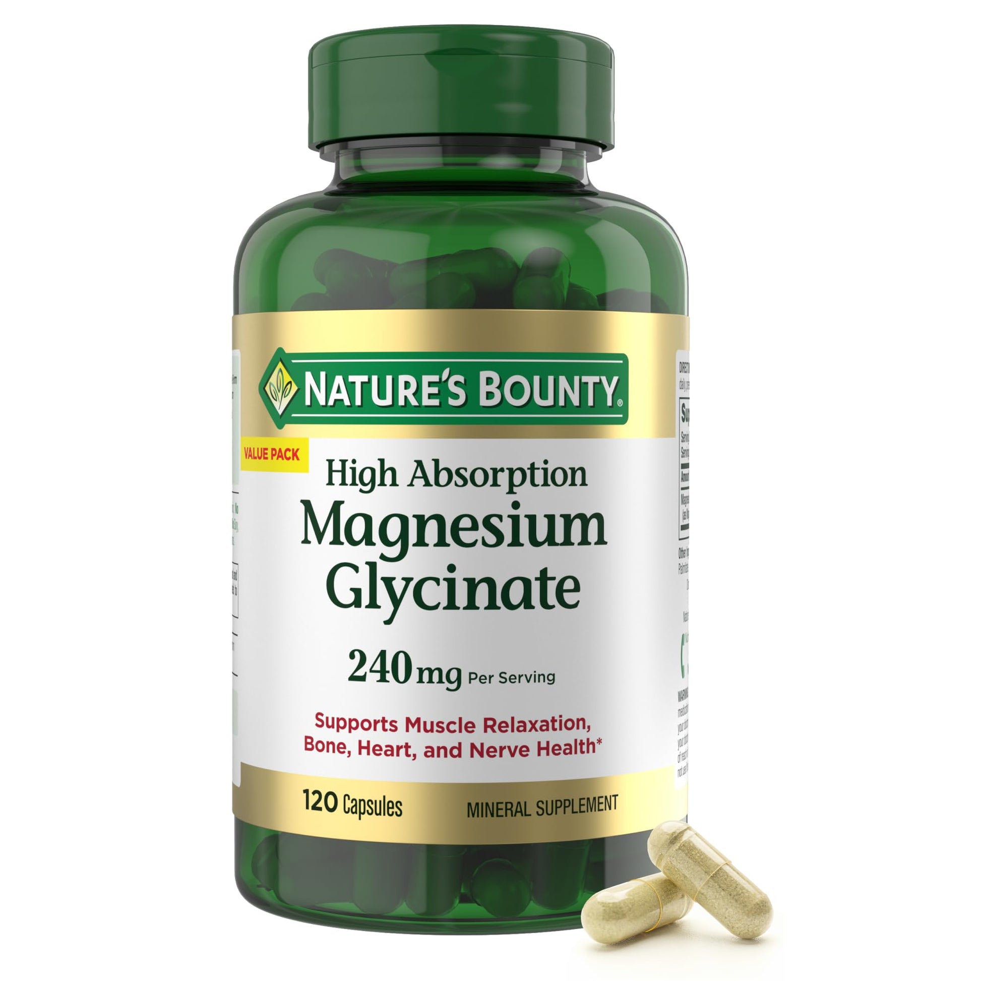 Nature’s Bounty High Absorption Magnesium Glycinate 240 mg for Supporting Muscle Relaxation and Bone, Heart & Nerve Health – Non-GMO, Gluten-Free, Vegetarian, 120 Count/60 Servings - Medaid International