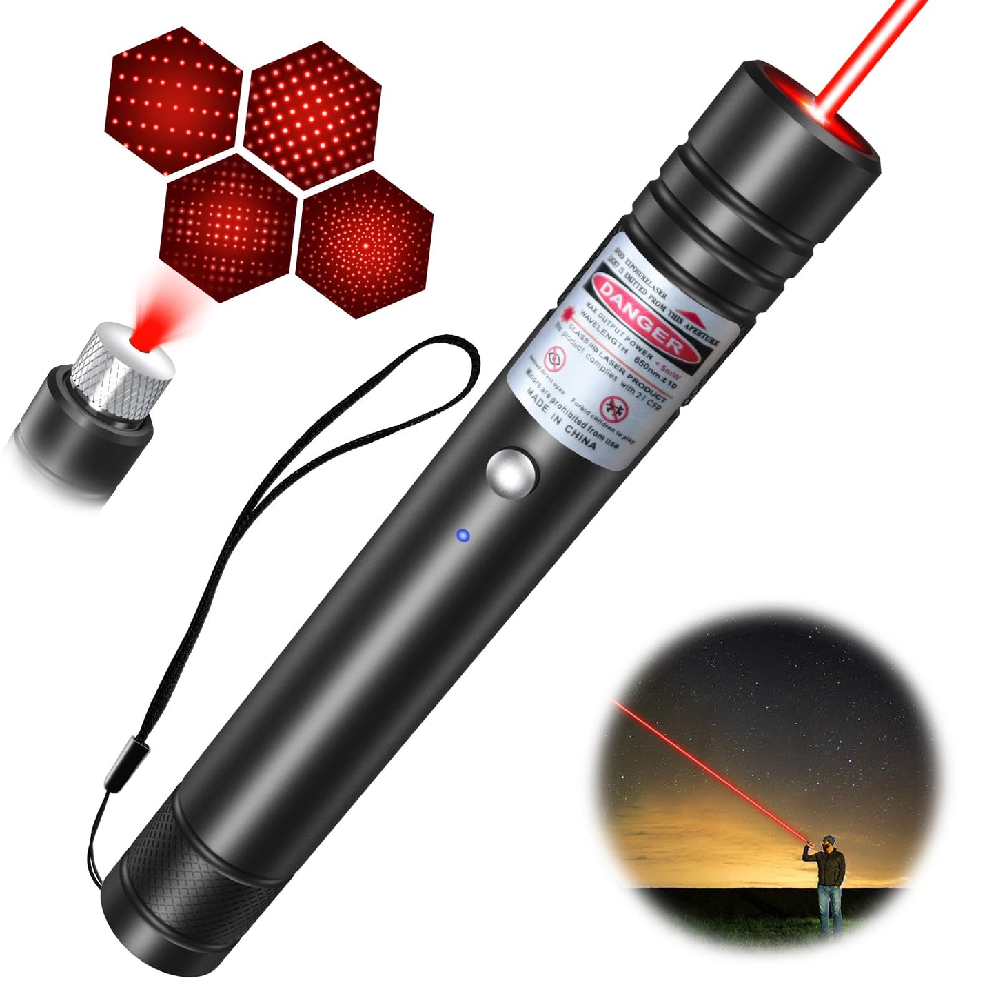 LETEAPII Red Light Flashlight, Long Distance USB Rechargeable Tactical Beam with Star Cap Adjustable Effect for Outdoor Journeys, Presentations, TV/LED/LCD Screens, and Stargazing - Medaid International
