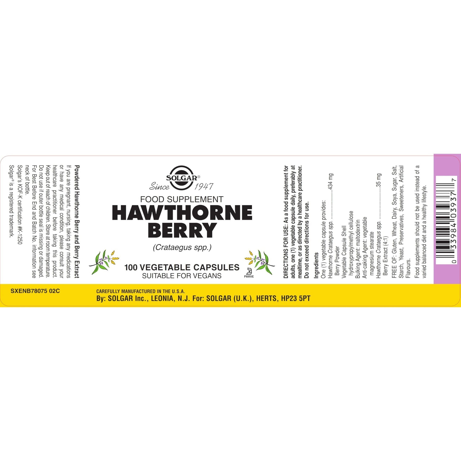 Solgar Full Potency Hawthorne Berry Vegetable Capsules, 100 Count - Medaid International