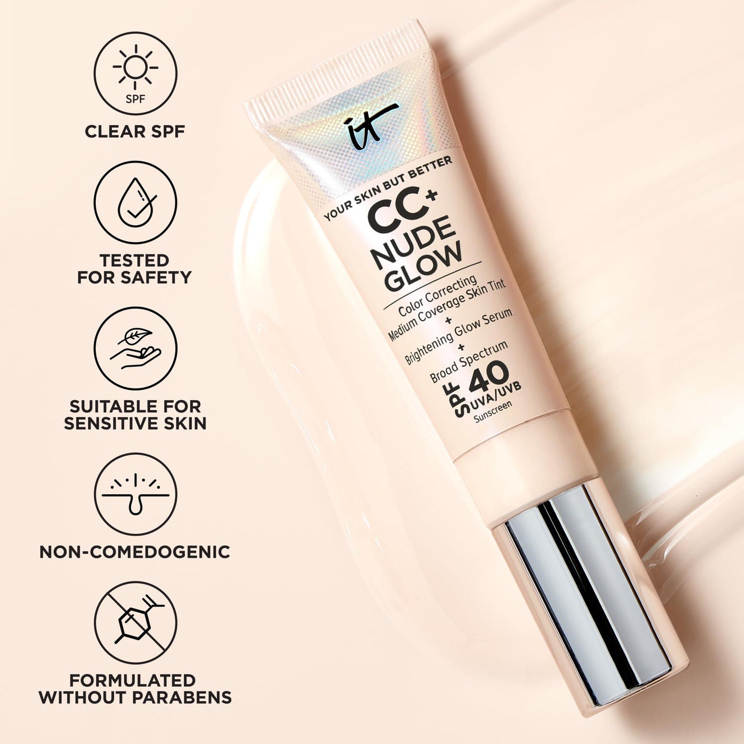 IT Cosmetics CC+ Nude Glow (Light Medium) - Medium Coverage Foundation with SPF 40 & Brightening Glow Serum, Lightweight Skin Tint, 2% Niacinamide + Hyaluronic Acid, Up to 24H Hydration - 1.08 fl oz - Medaid International