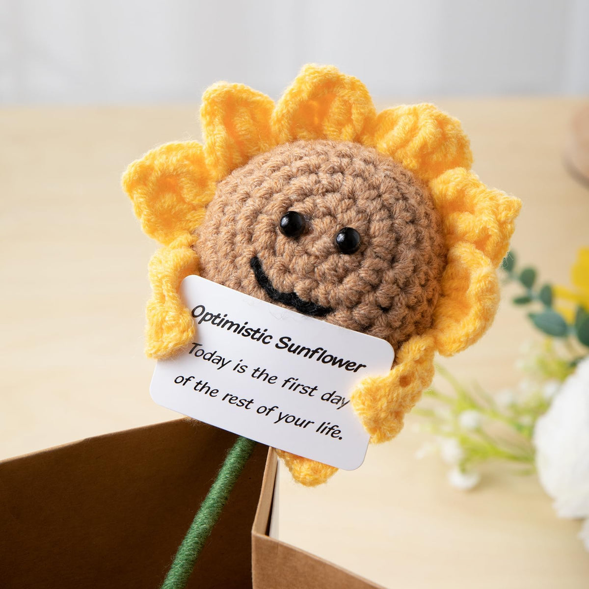 KASTWAVE Positive Flower Doll, Gifts Funny Crochet Flower Knitted Toy with Positive Card, Soft Handmade Wool Knitted Encouragement Gifts for Birthday Gifts, Room Decor, Positive Sunflower