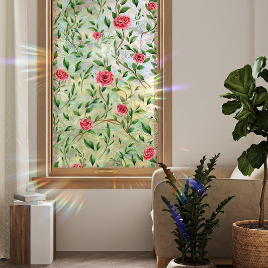 NALACAL Window Privacy Film, Decorative Rose Floral Frosted Window Film, Double Sided Static Glass Window Clings, 45 x 100cm - Medaid International