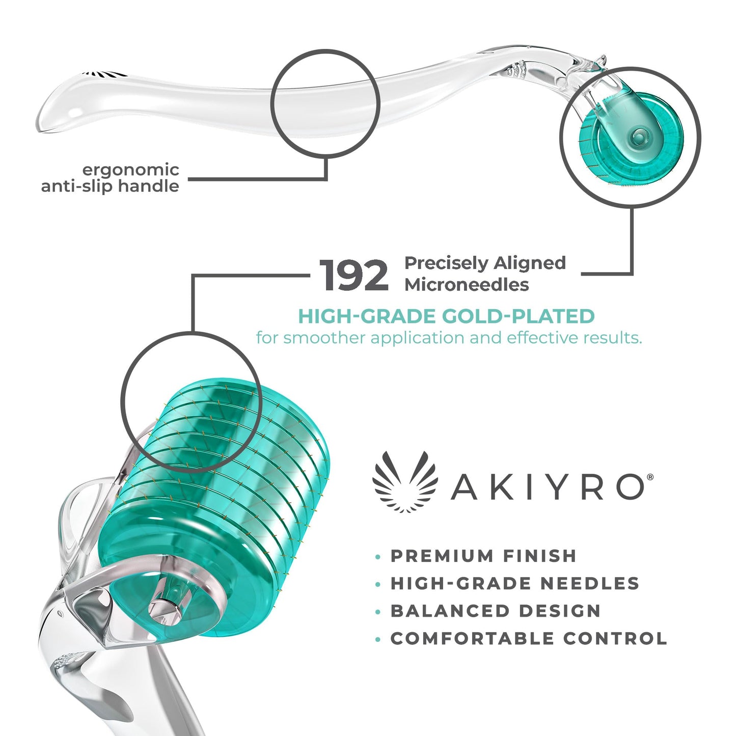 AKIYRO Derma Roller 0.30mm - Microneedle Roller with Storage Case - 192 Micro Needling Dermal Tool for Face, Beard, Scalp & Body - At Home Microneedling Skin Care Device for Women & Men (Green) - Medaid International
