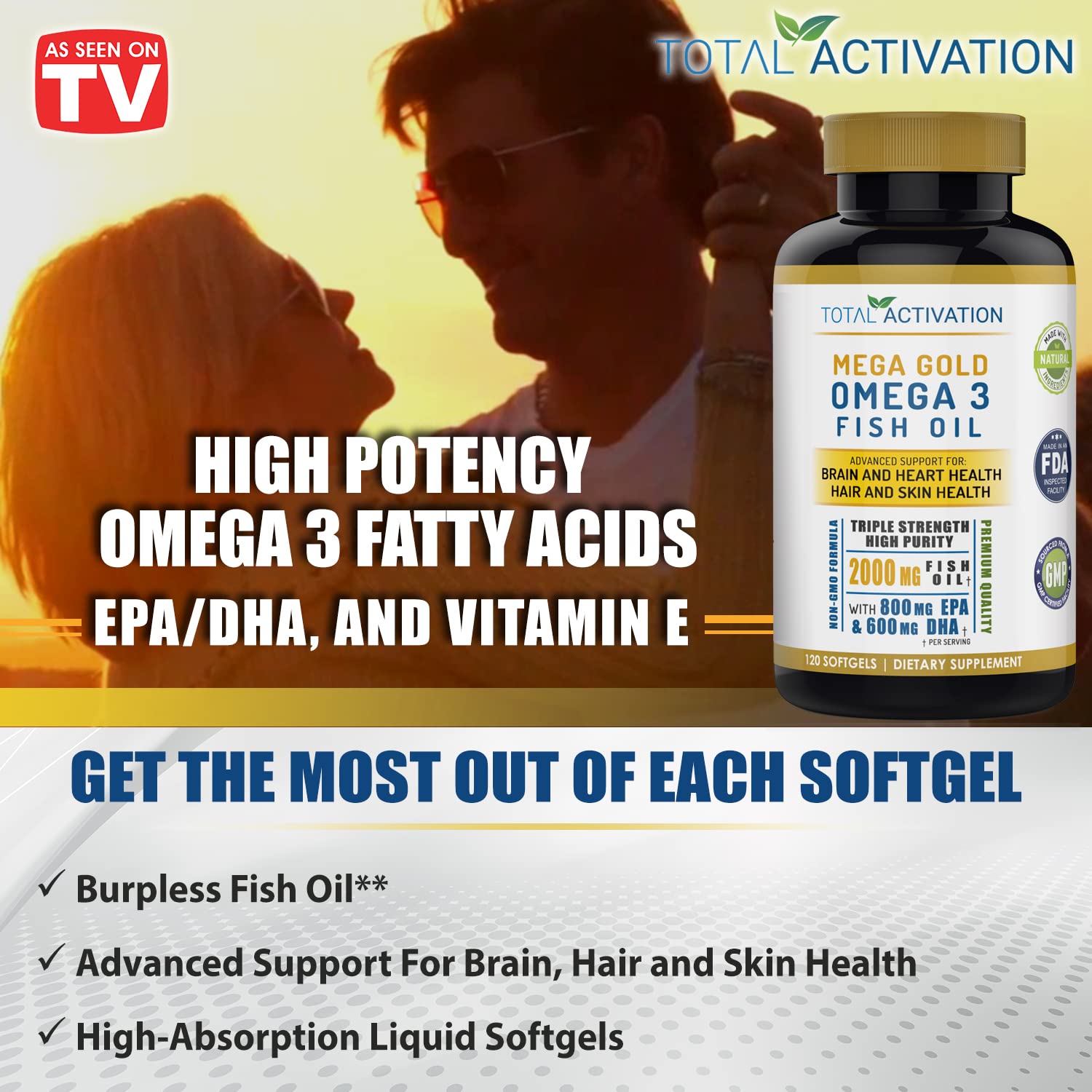 Omega 3 Fish Oil Supplement – 2000mg with EPA DHA & Vitamin E – Burpless, Triple Strength Support for Men & Women – 120 Easy Swallow Softgels - Medaid International