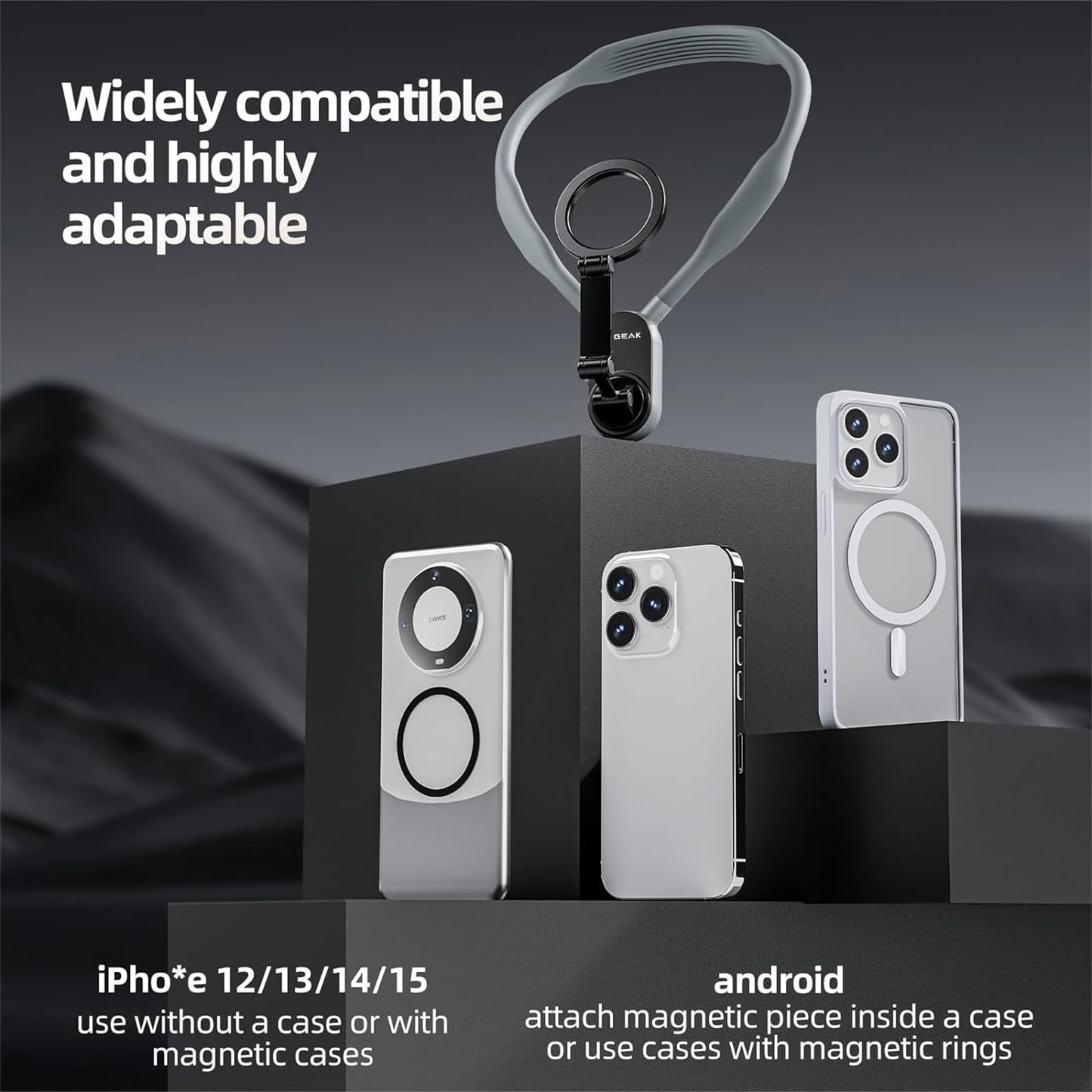 REYGEAK Magnetic Neck Phone Mount,2024 New POV/Vlog Phone Holder for Magsafe iPhone 16/15/14/13/12 Pro Mini/Plus/Pro/Pro Max,Hand Free Chest Stand Video Recording for Android Phone Accessory(Grey) - Medaid International