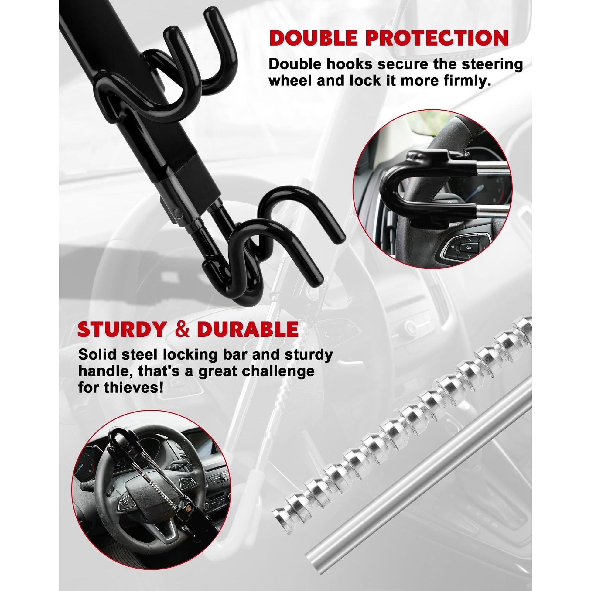 Tevlaphee Steering Wheel Lock Anti-Theft Car Device Heavy Duty Security Car Lock Antitheft Locking Devices Great Deterrent Adjustable Car Wheel Lock Anti Theft for Vehicle Truck with 3 Keys(Black) - Medaid International
