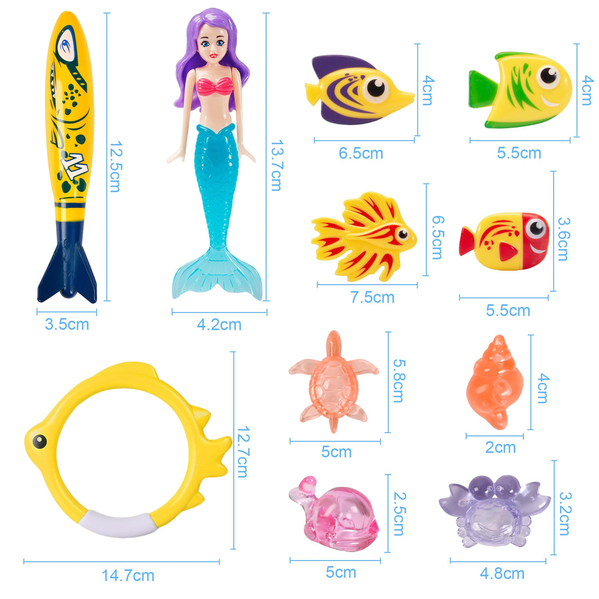 24 Pcs Diving Pool Toys for Kids, Mermaid Dive Toys Set with Underwater Fish, Dive Rings, Torpedo Bandits, Sinking Sea Animals with Storage Mesh Bag, Summer Pool Party Swimming Training Toys