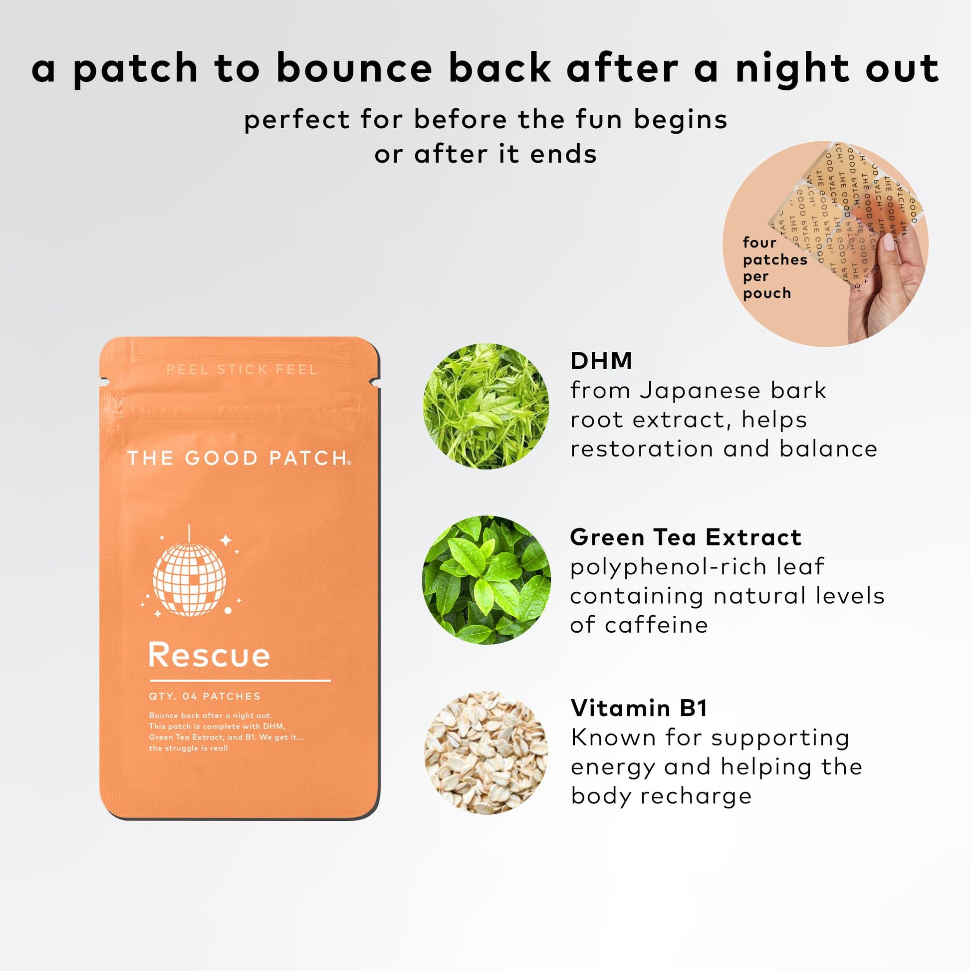 The Good Patch Rescue Recovery Patch, Natural Patch with DHM, Vitamin B1, and Green Tea, Plant-Powered Wearable Wellness, Support After a Night Out (8 Total Patches) - Medaid International