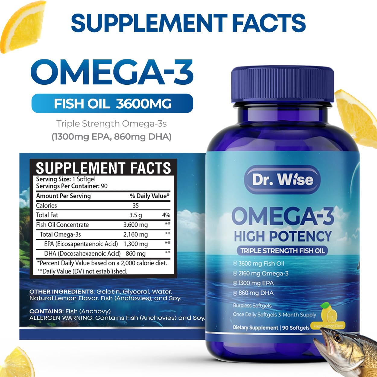 Triple Strength Omega 3 Fish Oil 3600mg – 1300mg EPA & 860mg DHA- Once Daily – Burpless Lemon Flavor, – Supports Heart, Brain, Joint & Eye Health – Wild Caught, Non-GMO, 90 Softgels, 3-Month Supply - Medaid International
