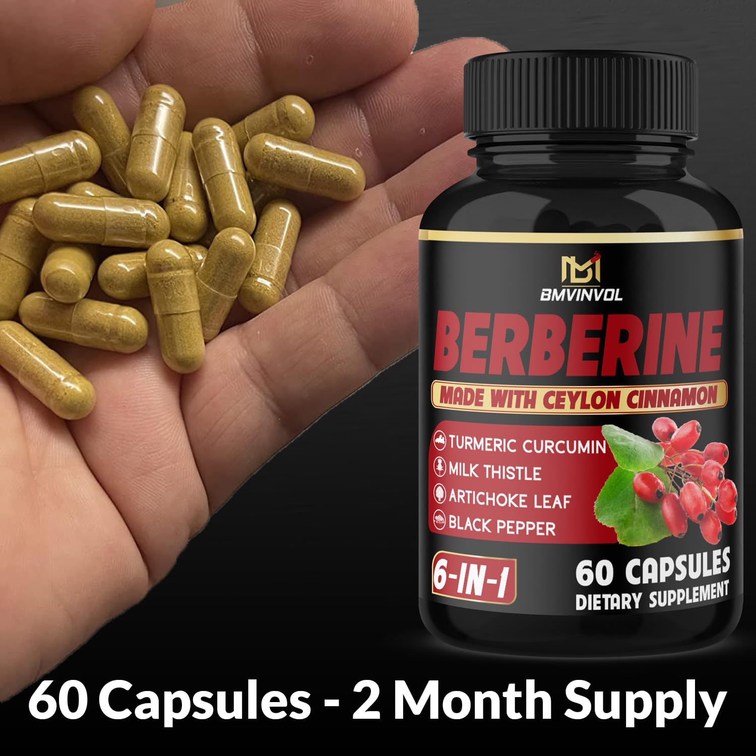 Berberine with Ceylon Cinnamon, Turmeric, Milk Thistle, Artichoke, Black Pepper - 60 Count - Pack of 1 - Medaid International