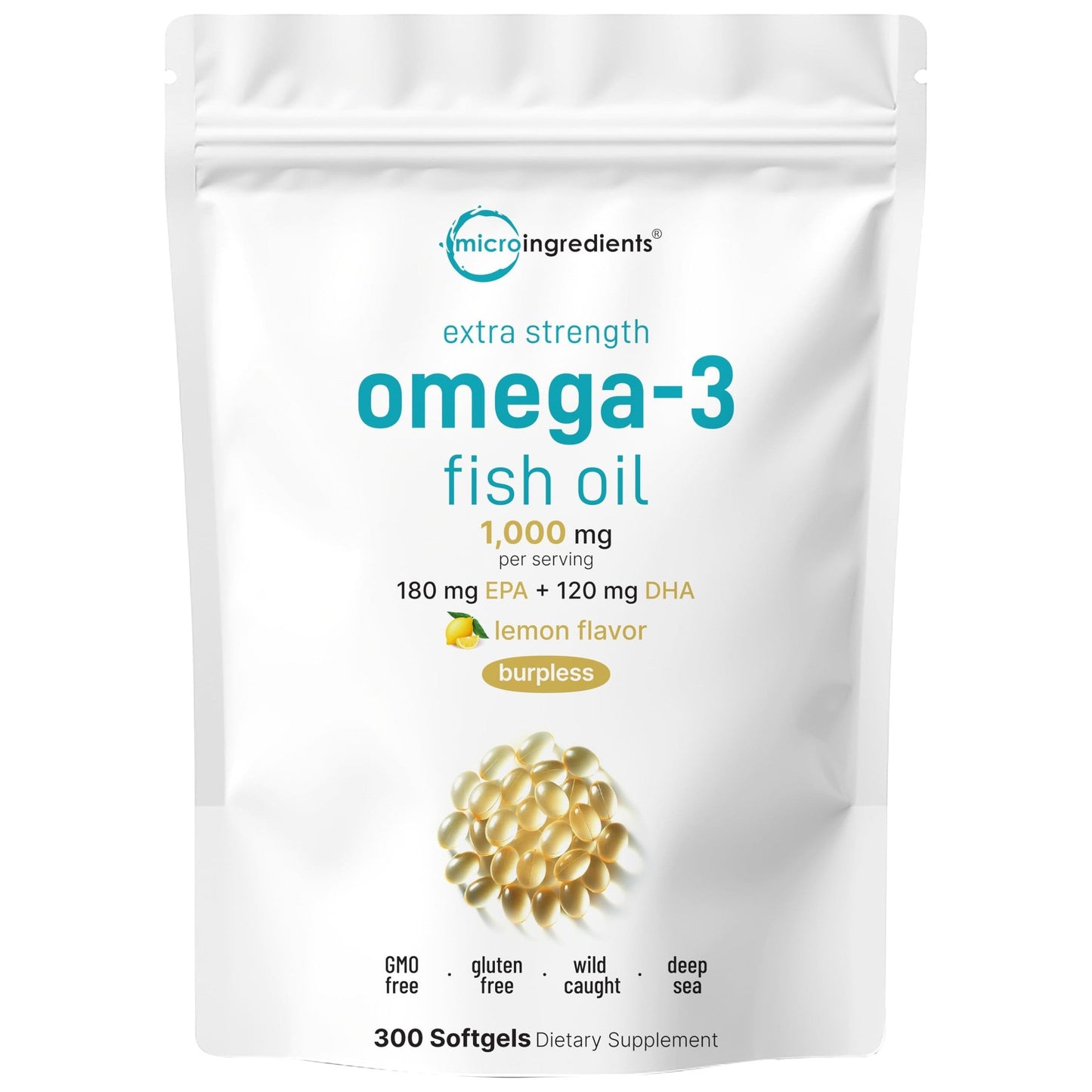 Micro Ingredients Extra Strength Omega 3 Fish Oil Supplements 1,000mg Per Serving, 300 Softgels | Lemon Flavored | Burpless | EPA 180mg + DHA 120mg | Deep Sea Fish - Medaid International