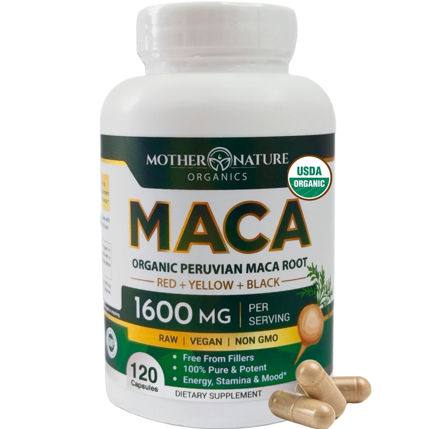 Mother Nature Organic Maca Root Capsules – 1600mg, 120 Vegan Capsules – Non GMO Peruvian Yellow, Red & Black Maca for Men & Women - Energy, Hormone, Brain & Weight Well-Being - Medaid International