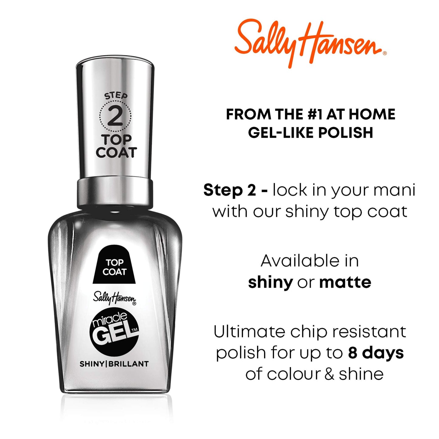 Sally Hansen Miracle Gel™, Shiny Top Coat, Long Lasting, Gel-Like Formula, No UV Lamp Needed, Clear Nail Polish - Medaid International