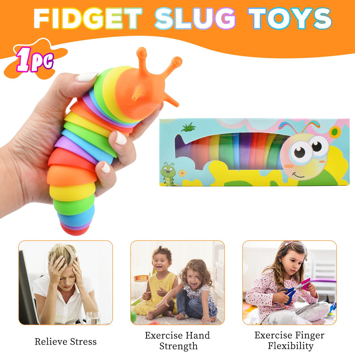 Cevioce Fidget Slug Toy, Sensory Slug Fidget Toy for Kids & Adults, 1Pc Cute 3D Articulated Stim Toy - Can Be Spliced, Safe｜Exercise Wrist Strength & Stress Relief, Great Gift for ADHD Autism