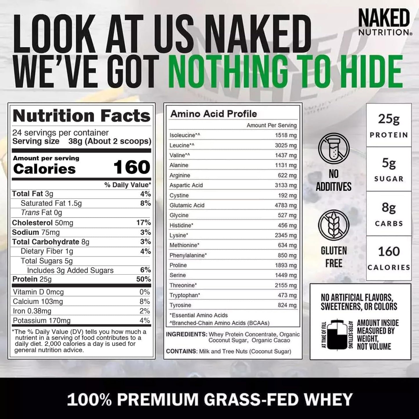 NAKED Whey Chocolate Protein Powder - Only 3 Ingredients - Grass Fed Whey Protein Powder, Organic Chocolate and Organic Coconut Sugar, No GMO, No Soy, and Gluten Free - 24 Servings - Medaid International