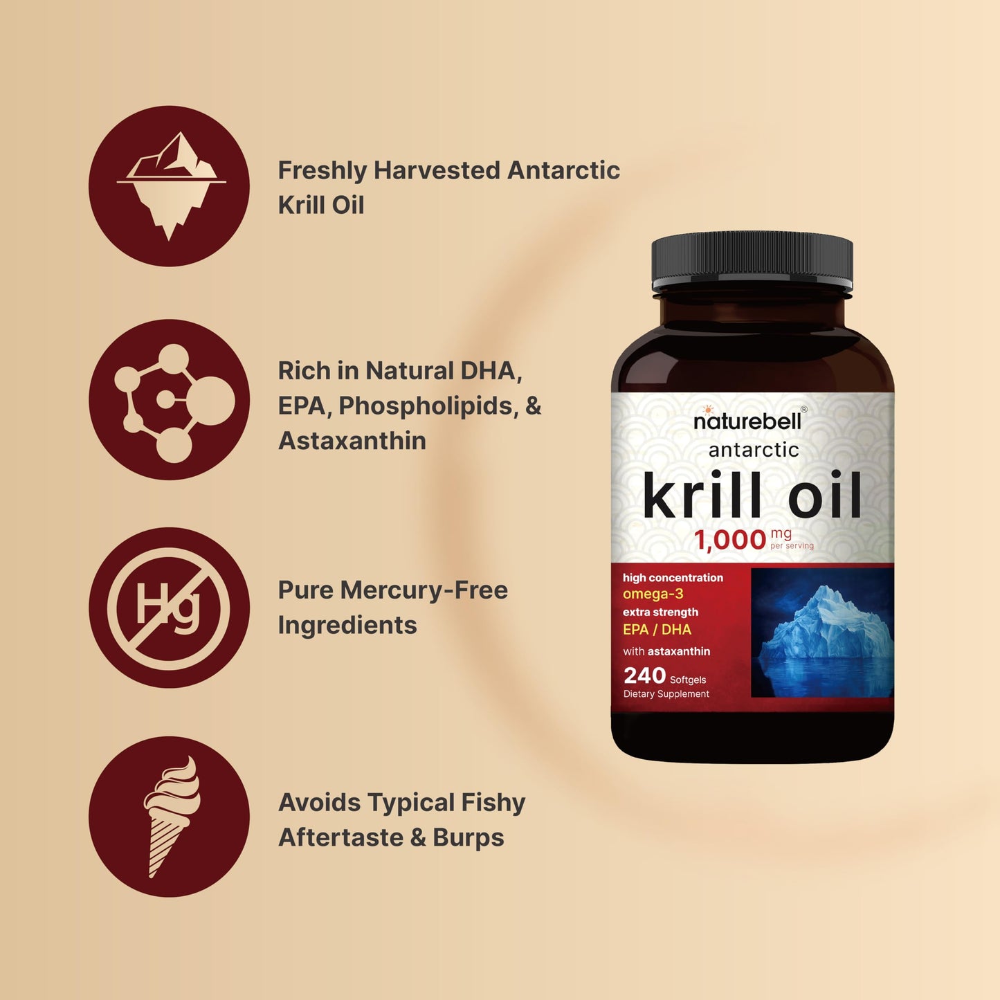 NatureBell Antarctic Krill Oil 1000mg Supplement, 240 Softgels, Natural Source of Omega-3s, EPA, DHA and Astaxanthin - No Aftertaste - Support Heart Health, Mercury Free & Non-GMO - Medaid International