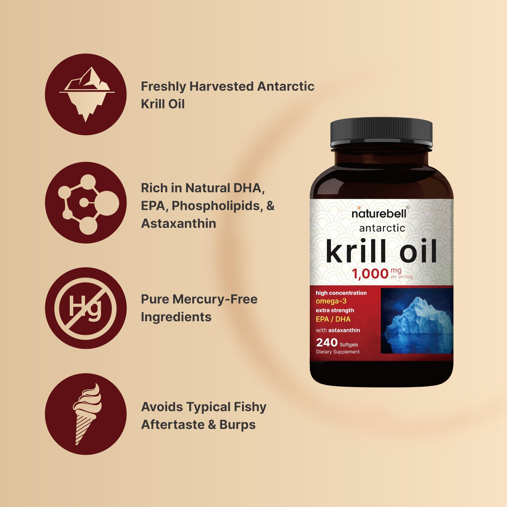 NatureBell Antarctic Krill Oil 1000mg Supplement, 240 Softgels, Natural Source of Omega-3s, EPA, DHA and Astaxanthin - No Aftertaste - Support Heart Health, Mercury Free & Non-GMO - Medaid International