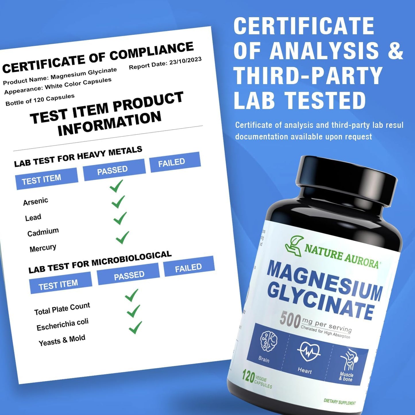Magnesium Glycinate 500mg Capsules - Chelated High Absorption Magnesium Bisglycinate Supplement for Sleep, Muscle & Heart Support for Women & Men - Pure, Gluten-Free, Non-GMO, 120ct - Medaid International