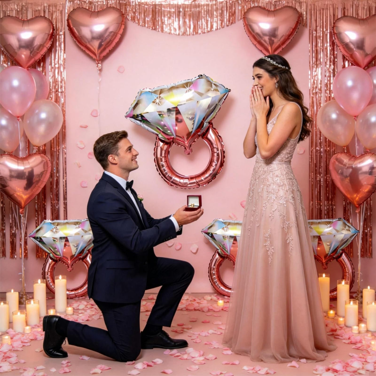Diamond Ring Balloons, 4Pcs Large Rose Gold Foil Shining Diamond Balloon, Engagement Ring Balloons for Wedding Bridal Shower Marriage, Romantic Sparkly Ring Balloon for Party Decor