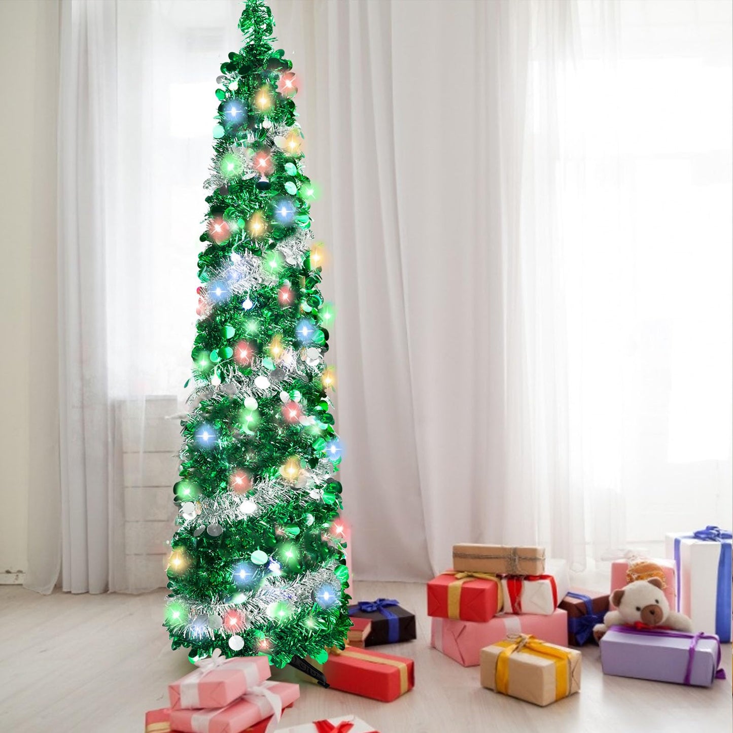 5FT Pop Up Christmas Tree with 90 LED Lights, Collapsible Artificial Pencil Christmas Tree, Tinsel Skinny Christmas Trees for Home Apartment Porch Indoor Outdoor Holiday Decorations - Medaid International