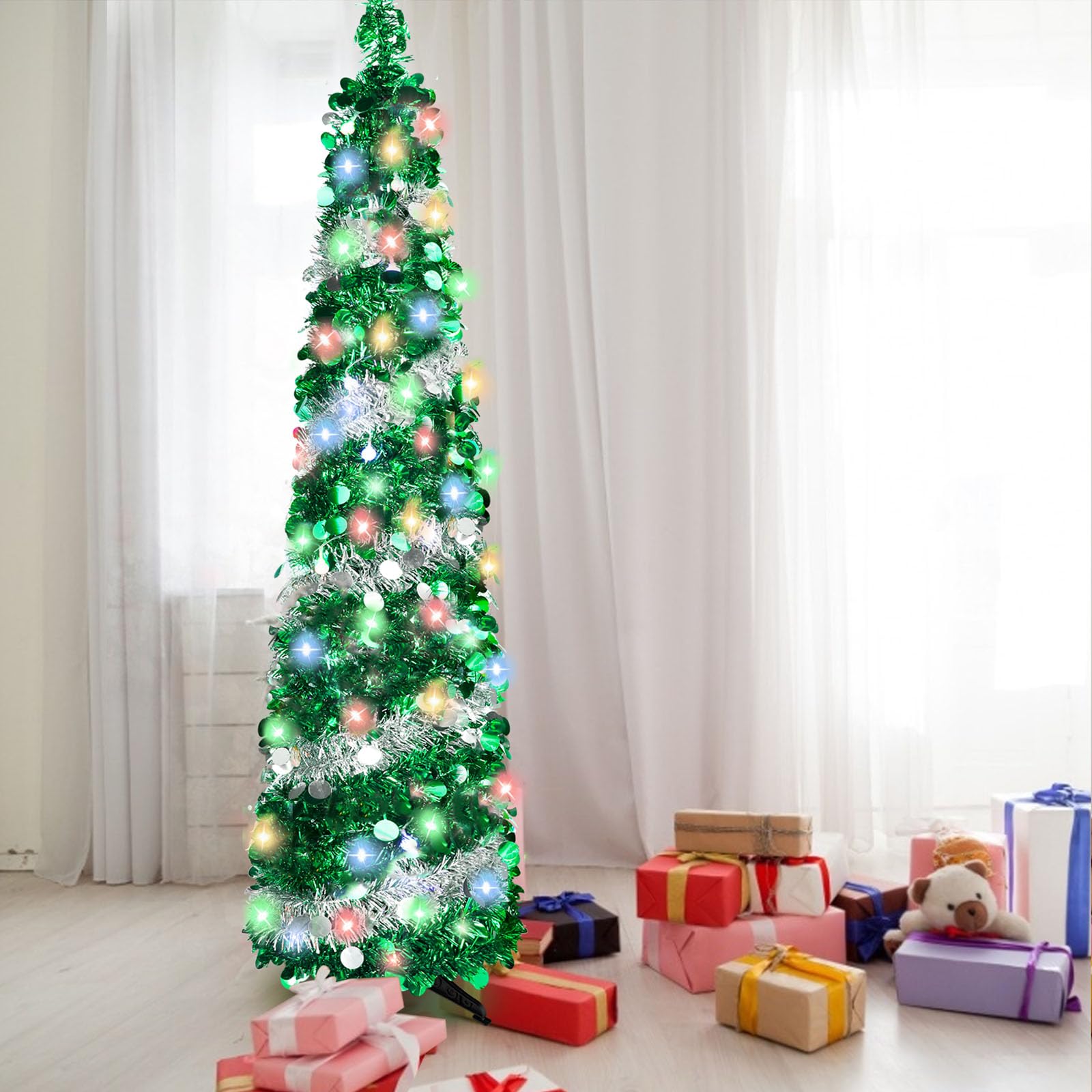 5FT Pop Up Christmas Tree with 90 LED Lights, Collapsible Artificial Pencil Christmas Tree, Tinsel Skinny Christmas Trees for Home Apartment Porch Indoor Outdoor Holiday Decorations - Medaid International