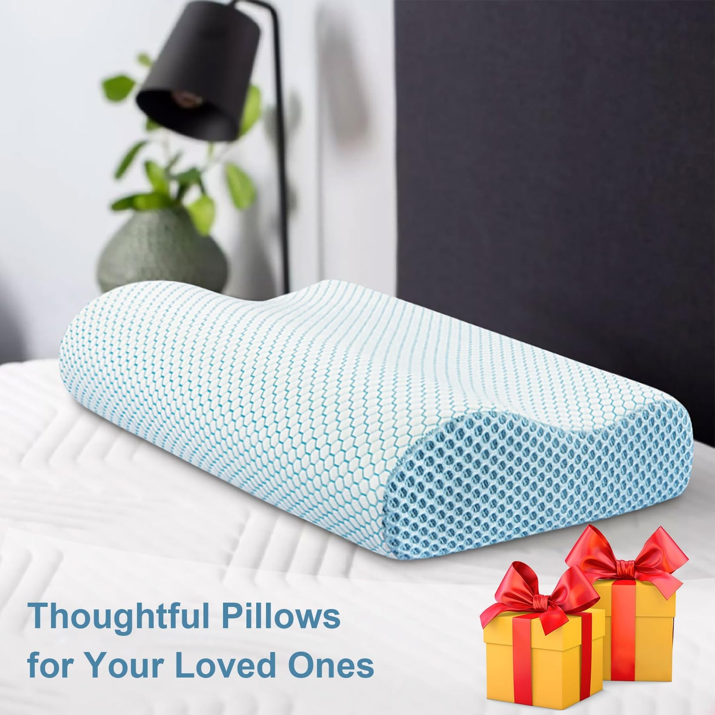 Anvo Memory Foam Pillow, Neck Contour Cervical Orthopedic Bed Pillow for Sleeping Side Back Stomach Sleeper, Ergonomic Design for Neck and Shoulder Pain Relief, Blue White, Firm - Medaid International