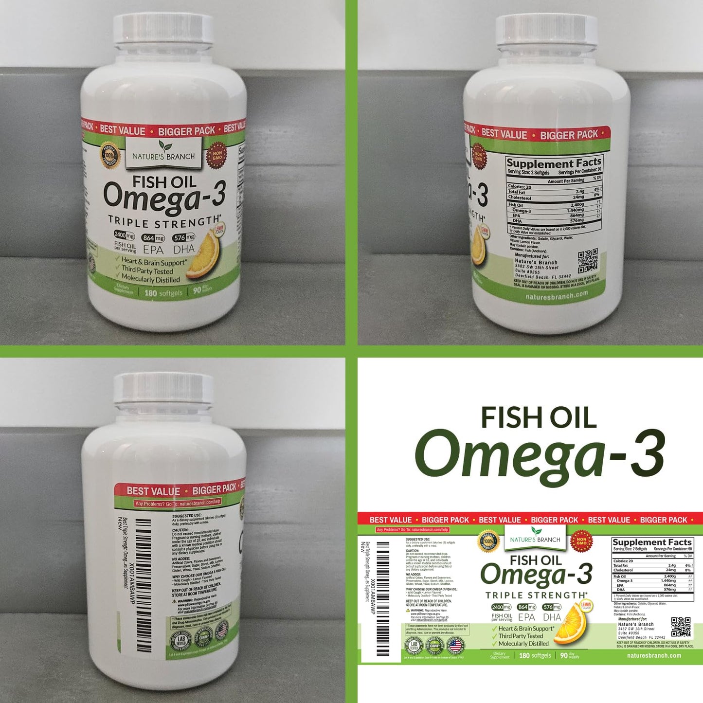 Best Triple Strength Omega 3 Fish Oil Pills - 180 Capsules - 2400mg High Potency Burpless Lemon Flavor 864mg EPA 576mg DHA Ultra Pure Liquid Softgels for Brain Joints Eyes Heart Health Supplement - Medaid International