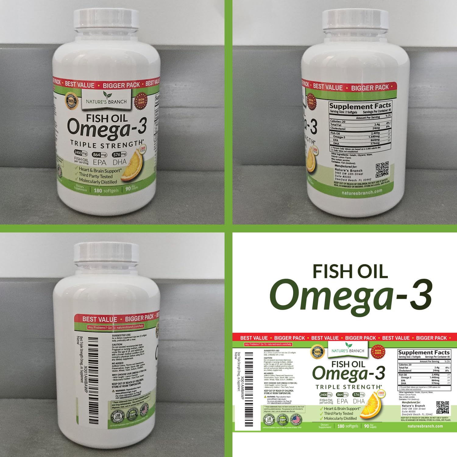 Best Triple Strength Omega 3 Fish Oil Pills - 180 Capsules - 2400mg High Potency Burpless Lemon Flavor 864mg EPA 576mg DHA Ultra Pure Liquid Softgels for Brain Joints Eyes Heart Health Supplement - Medaid International