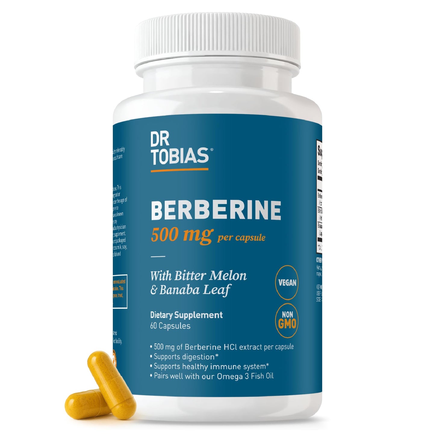 Dr. Tobias Berberine 500mg, Berberine Supplement for Women & Men - Gut Health, Immune Support, Heart Health Supplement with Bitter Melon Banaba Leaf – Vegan, Non-GMO, 60 Capsules - Medaid International