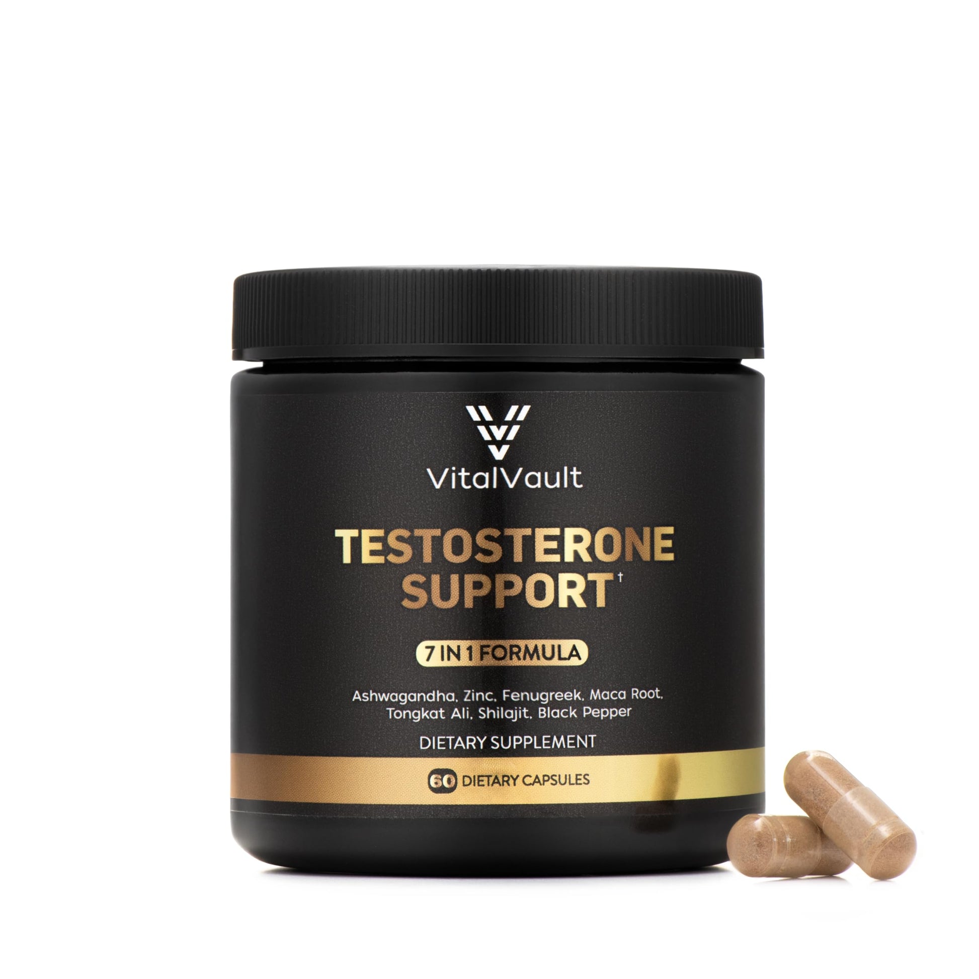 VitalVault 7-in-1 Testosterone & Strength Support - Natural Supplement for Men with Ashwaganda, Shilajit, Fenugreek, Maca Root, Tongkat Ali, Black Pepper & Zinc - 1 Month Supply (60 caps) - Medaid International