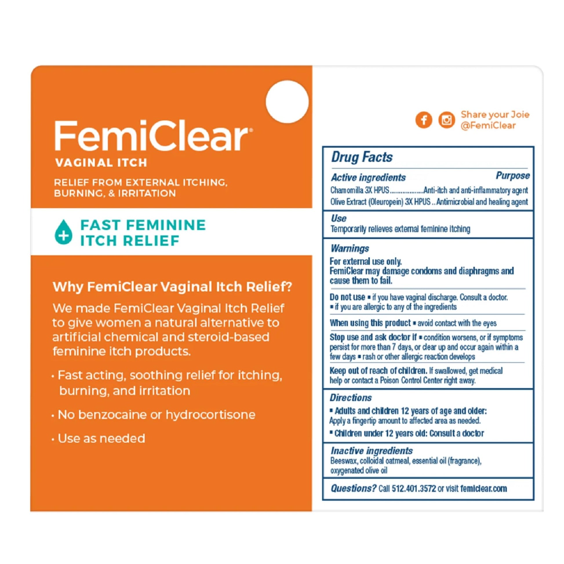 FemiClear Vaginal Itch Relief | Fast Feminine Itch Relief | Made with All-Natural & Organic Ingredients | Feminine Hygiene Products | Vaginal Health | Relieve External Itch | 0.5oz Tube - Medaid International