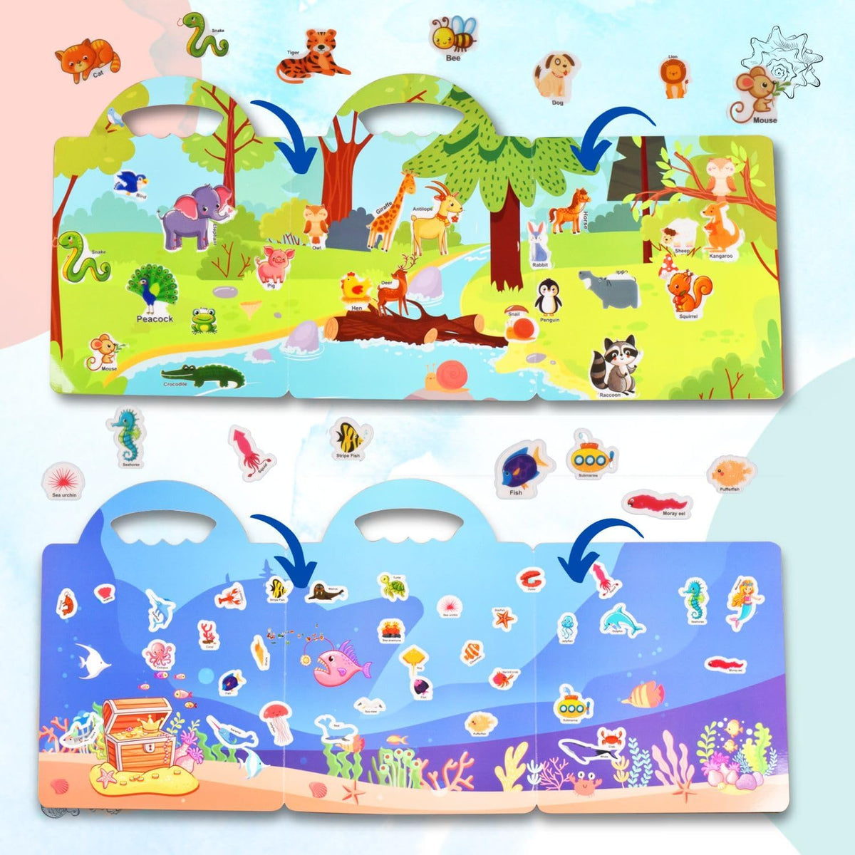 KASTWAVE Reusable Sticker Book for Kids, Animal & Ocean Animal Waterproof Stickers, Preschool Learning Activities Busy Book Gift Toddler Travel Toys for Girls Boys Babies Ages 3+
