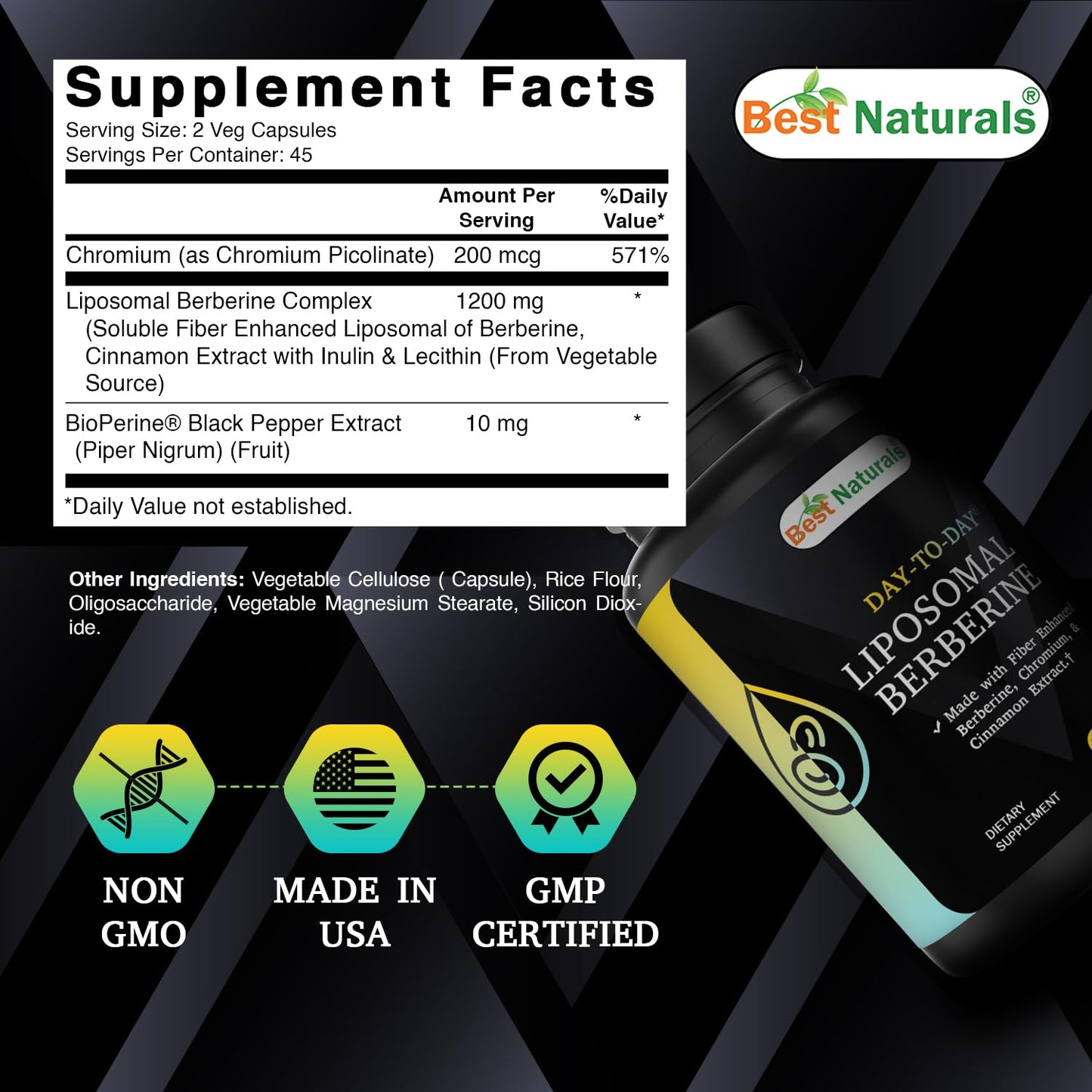 Best Naturals Day to Day Liposomal Berberine 1200 mg with Bioperine 90 Veg Capsules - Made with Fiber Enhanced Chromium, & Cinnamon Extract & Bioperine. - Medaid International