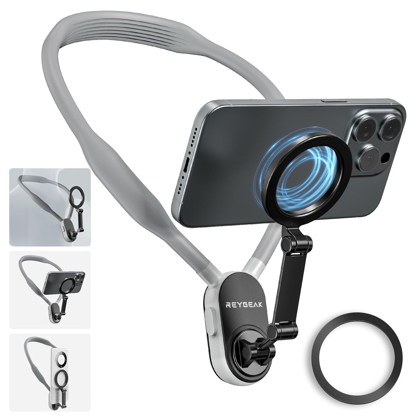 REYGEAK Magnetic Neck Phone Mount,2024 New POV/Vlog Phone Holder for Magsafe iPhone 16/15/14/13/12 Pro Mini/Plus/Pro/Pro Max,Hand Free Chest Stand Video Recording for Android Phone Accessory(Grey) - Medaid International