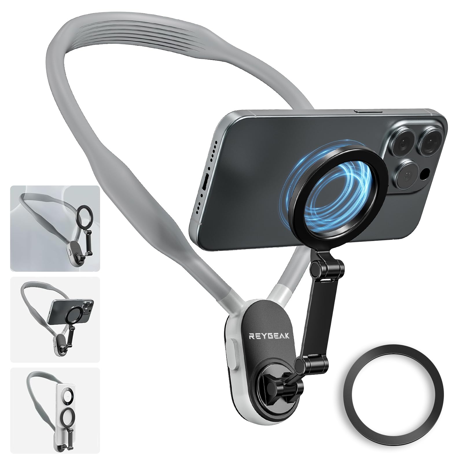 REYGEAK Magnetic Neck Phone Mount,2024 New POV/Vlog Phone Holder for Magsafe iPhone 16/15/14/13/12 Pro Mini/Plus/Pro/Pro Max,Hand Free Chest Stand Video Recording for Android Phone Accessory(Grey) - Medaid International