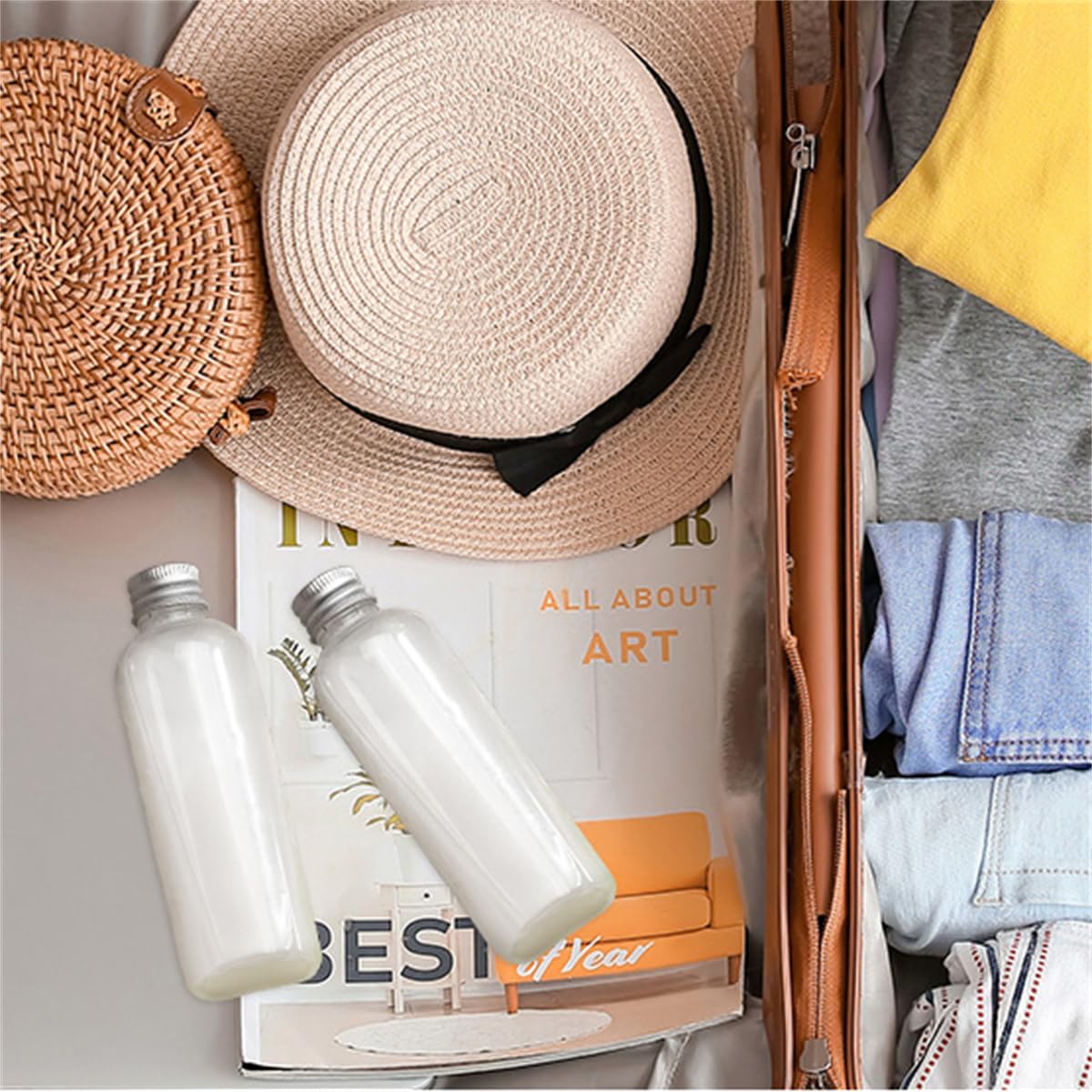 TERRIFI Travel Bottles, 5 PCS 100ml Refillable Containers for Cosmetic, Leakproof Travel Plastic Bottles with Gold Aluminum Screw Cap for Travel Essentials