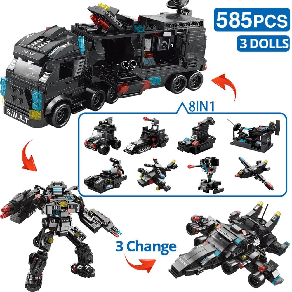 KASTWAVE City Police Station Building Kit, Building Block Robot 27 in1 SWAT Police Command Truck Building Kit for Kids City Helicopter Bricks Kit Educational Toys for Boy 6-12 Years Old 585PCS