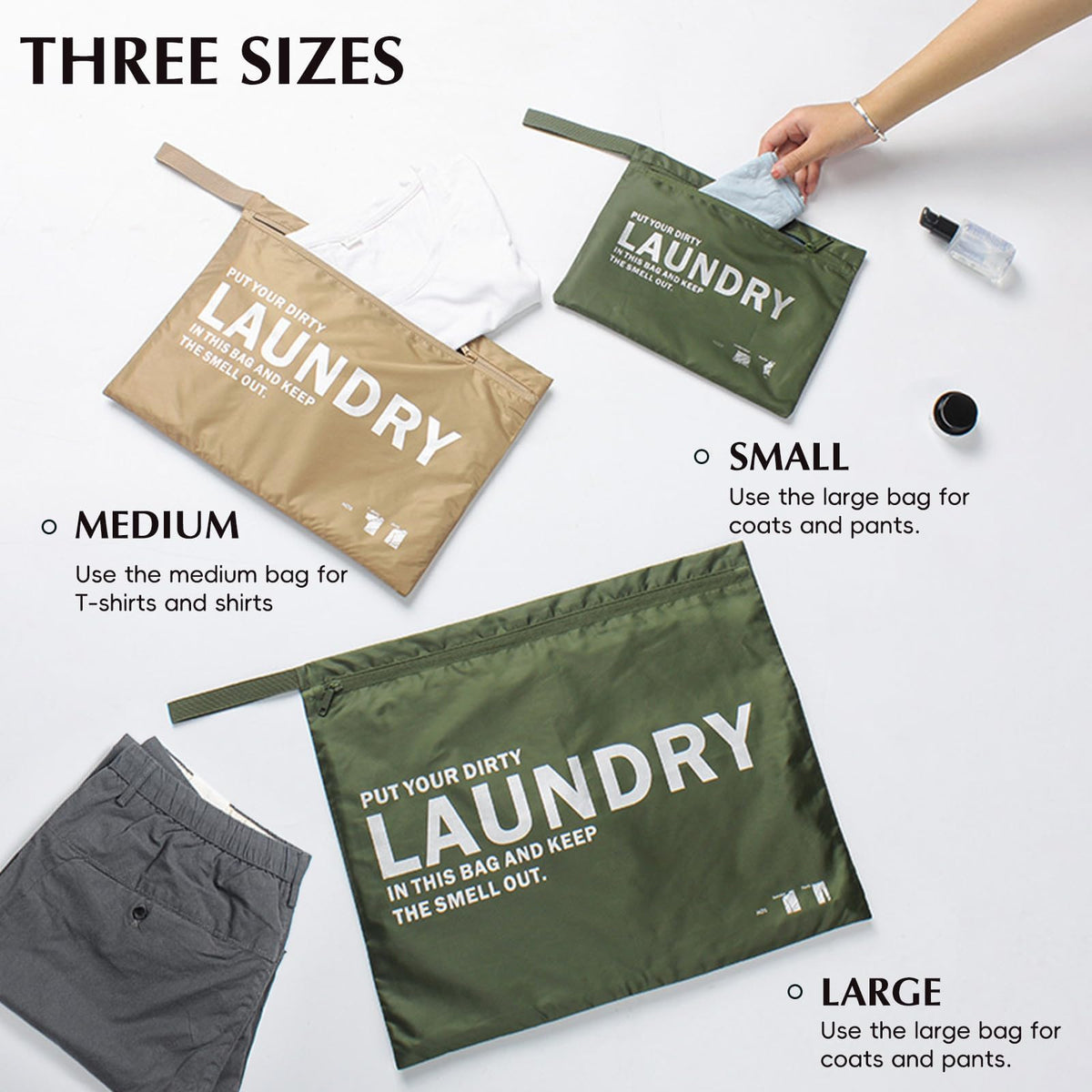 TERRIFI 3 Pack Waterproof Smell Proof Laundry Bags – Reusable Travel Storage for Dirty Wet Clothes, Gym, Swimming, Camping, Home Essentials – Green