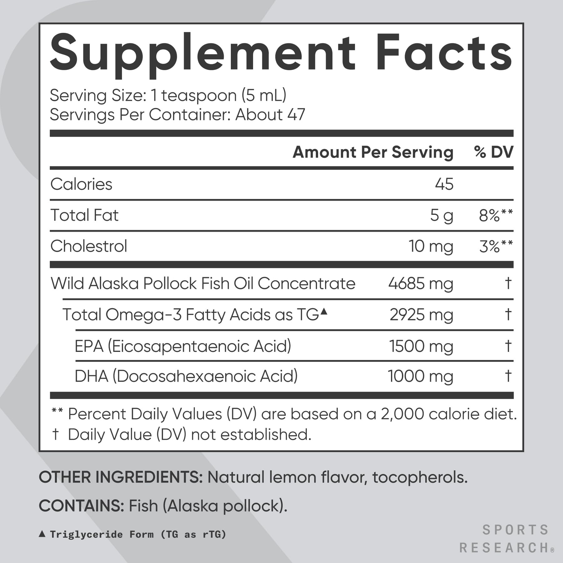 Sports Research Omega-3 Fish Oil, Lemon Flavor - 8 oz - 4685 mg of Wild Caught Alaska Pollock Fish Oil per Teaspoon - Easy-to-Take Liquid for Cardiovascular Support*- 48 Servings - Medaid International