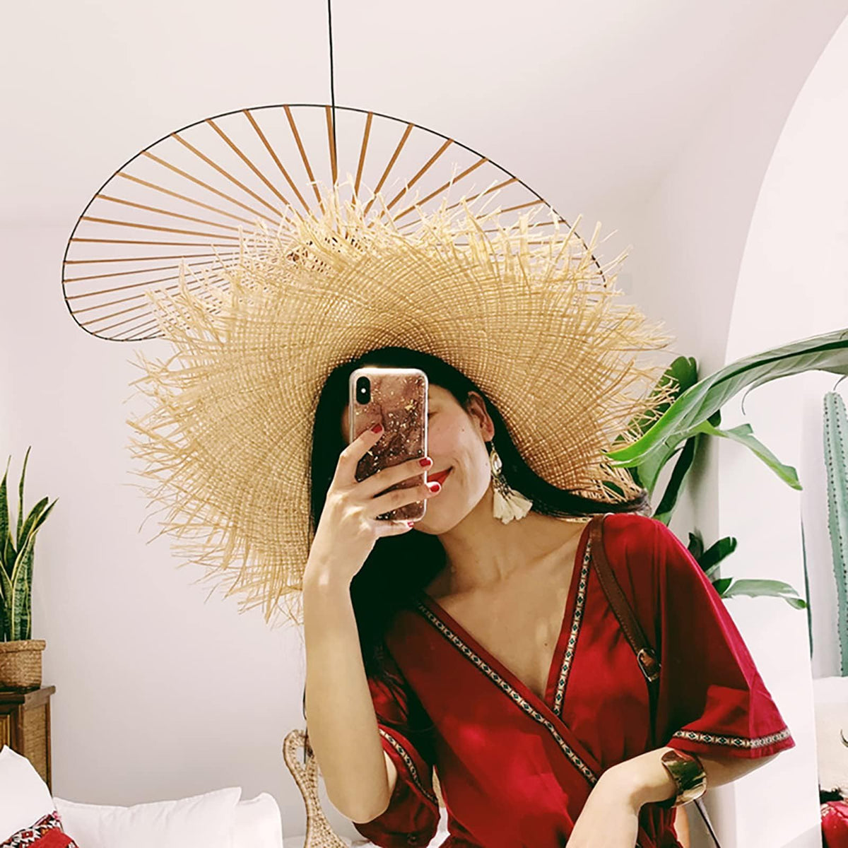KASTWAVE Womens Beach Sun Straw Hat Summer UV Sun Hat Wide Brim Fringe Beach Hat Boho Floppy Hat Fishing Cap
